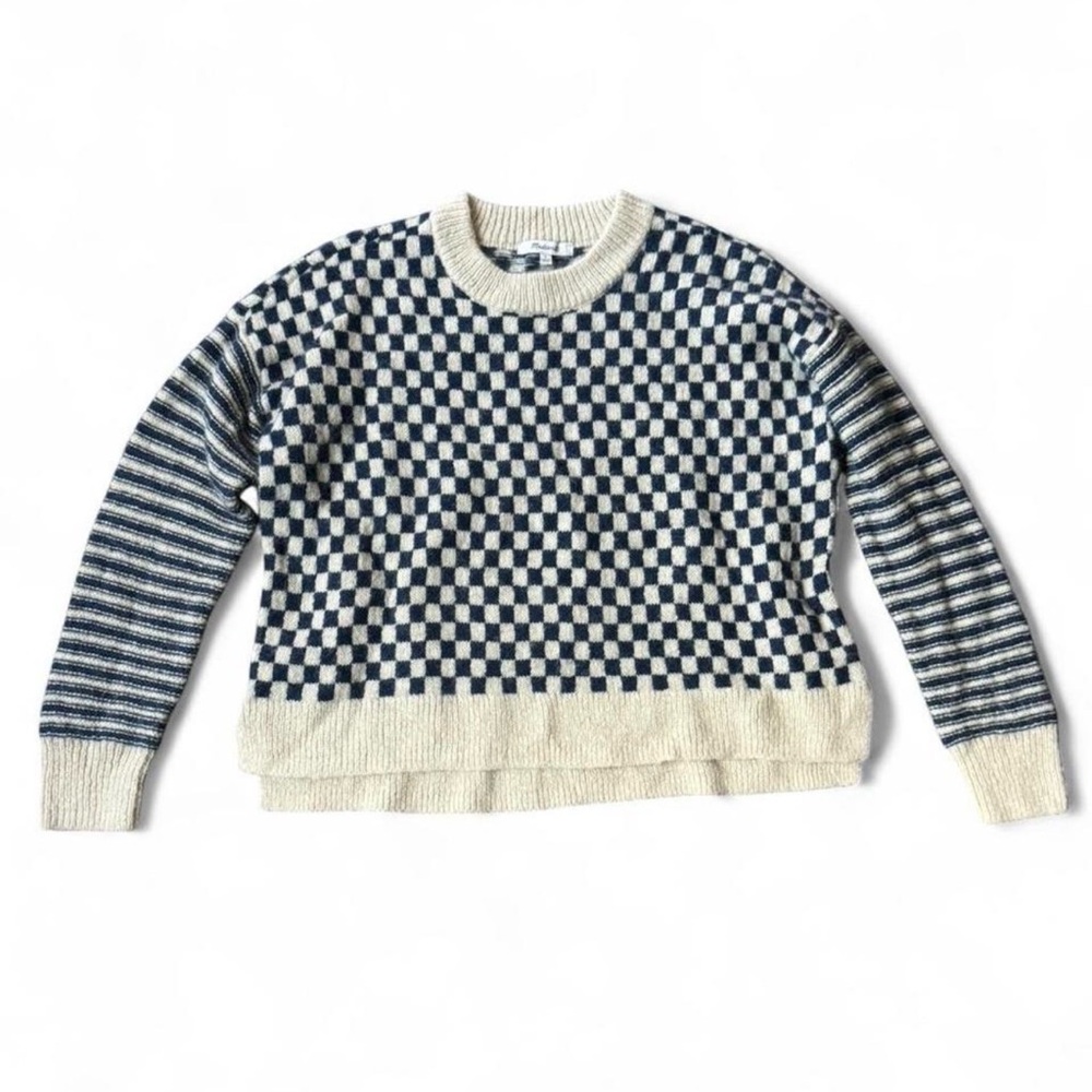 Madewell Alpaca Blend Checkerboard Sweater Blue Cream Cozy Oversized small - Picture 7 of 8
